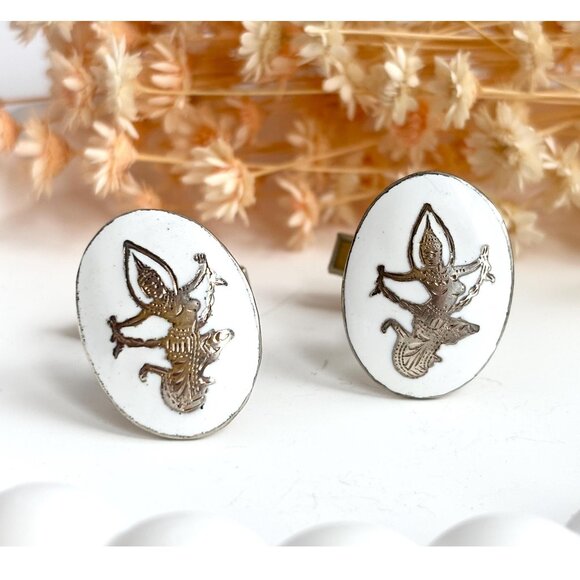Siam Sterling White Dancing Angel Oval Vintage Men's Sterling Silver Cufflinks - Picture 1 of 10